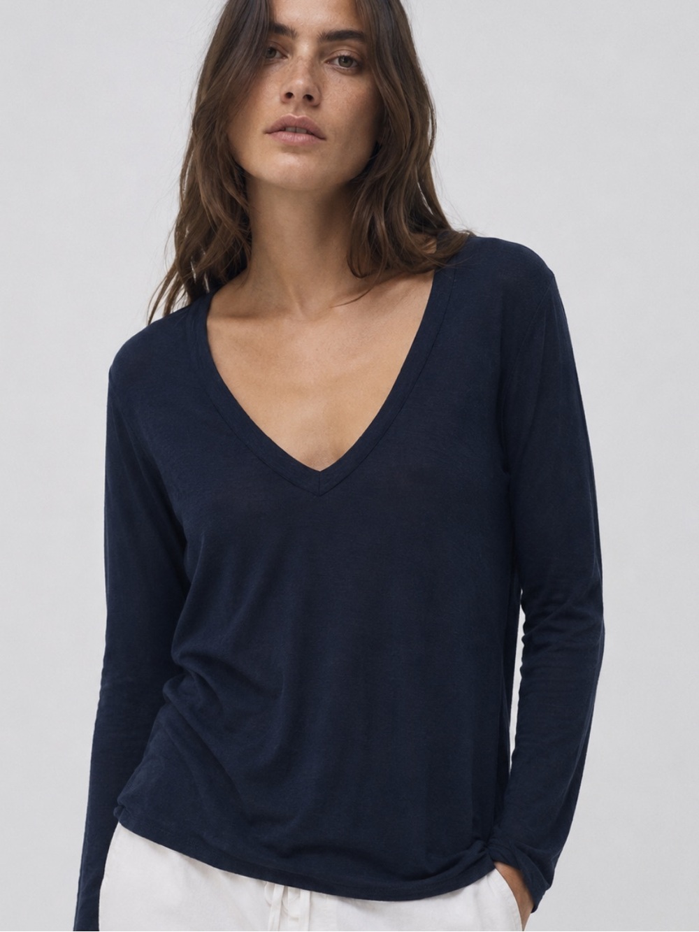 James Perse Navy Long Sleeve V-Neck Top